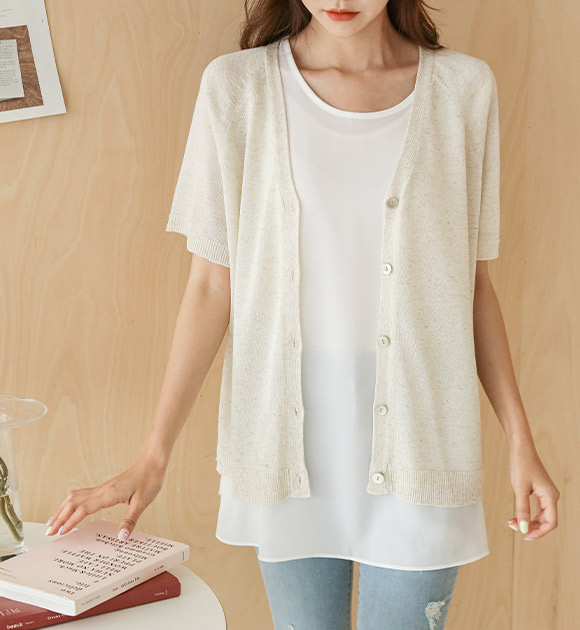 <br>8FO0047HH_Dokel Linen V-necked Short Sleeve Cardigan