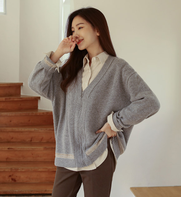 9FO0085AA_Dumi Wool color combination Zip-up cardigan