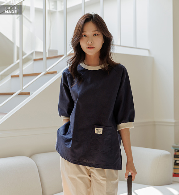 9OA0528JJ_ Happy Label Linen Short Sleeve Sweatshirt
