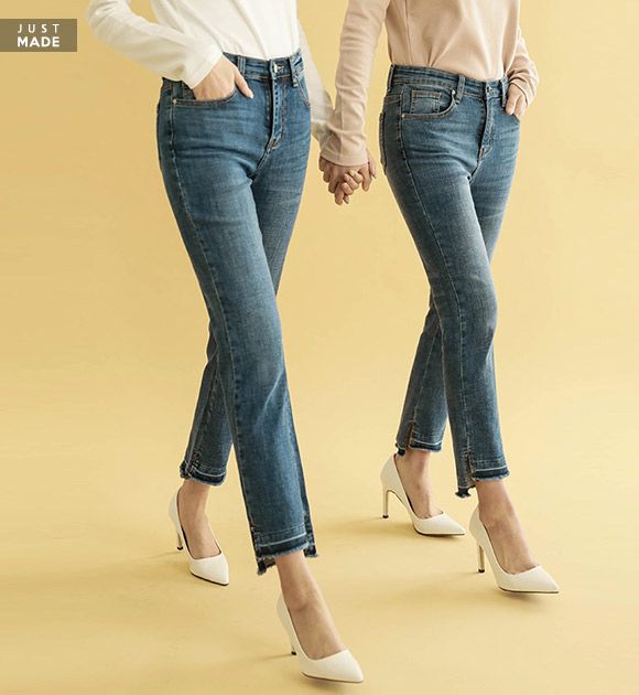 <br>Honey spandex two tone side front slit straight jeans