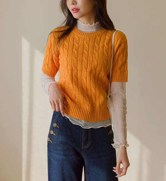 8DA27359AA_Muchick Cable Color Short Sleeve Knit
