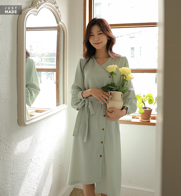 9OA0516JJ_Spring fragrance button silky dress (Beltset)
