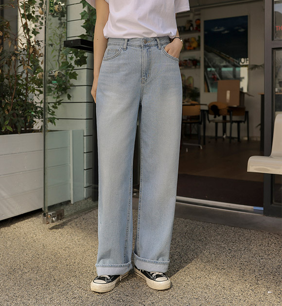 5DA29705LJ_Solid long fit flexible wide jeans