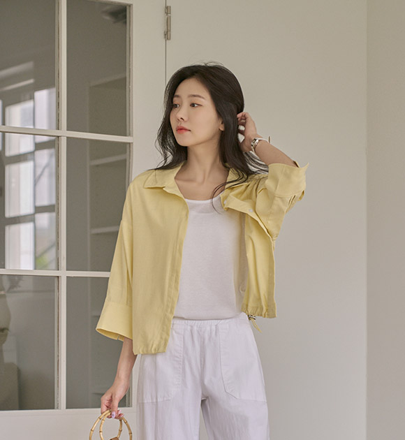 6DA30113NN_Ozbee Slit Collar 3/4 Sleeve Linen Jacket