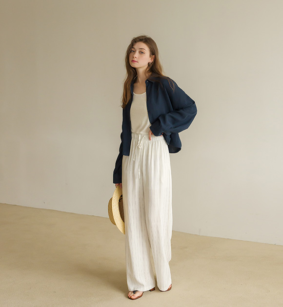 DA30082YY★_[BETTER] Thin Stripe Banded Linen Pants