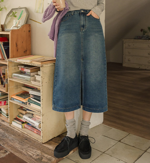 6DA30387AY_Front Slit 5 Colors Denim Skirt