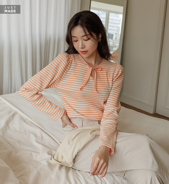 8OA0513JJ_ Eshita striped bowknot corduroy tee