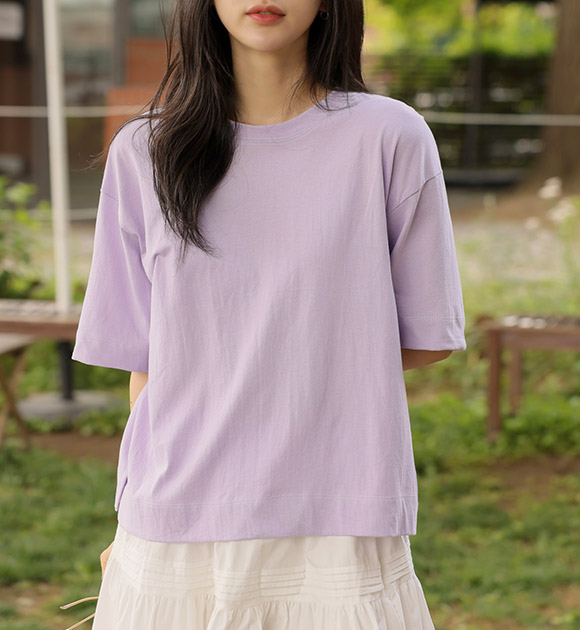 8DA30031NN_Really comfortable, loose fit slit Short-sleeved T-shirt(Round/V-necked)