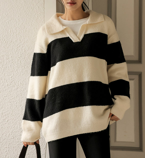 5DA30781NN_Pupu Open Collar Striped Long Knitwear