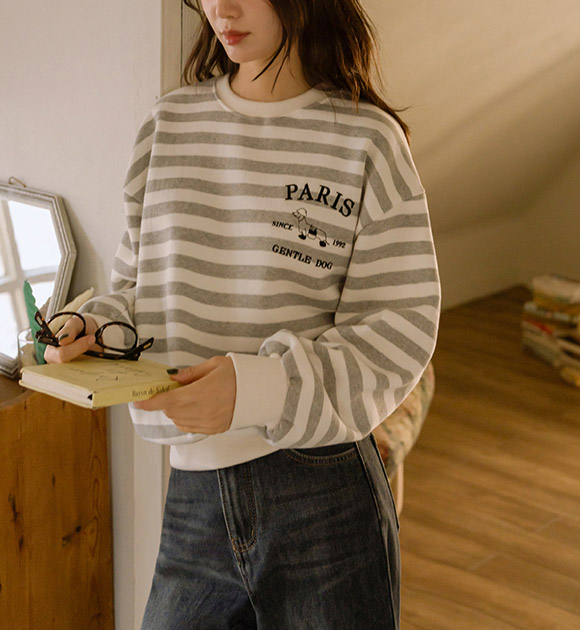 6DA30808HN_Paris Dog Striped Brushed Sweatshirt