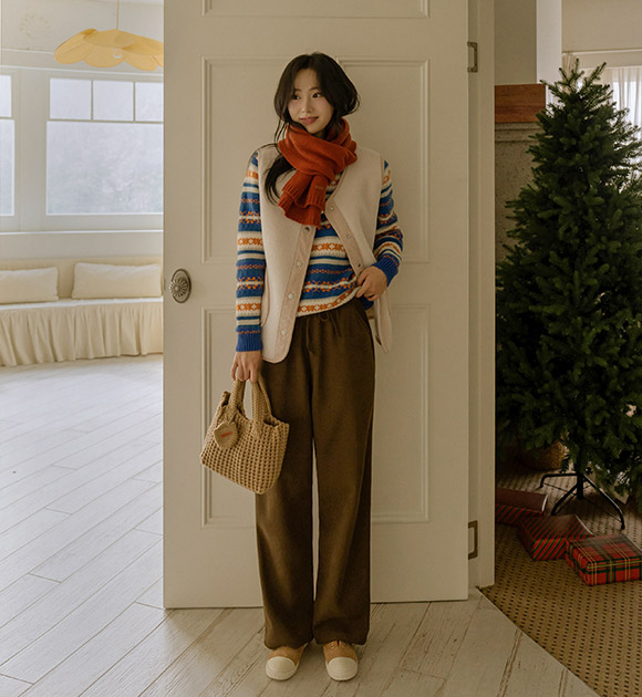 5DA30621JJ_1+1 Warmer Thick Brushed Wide Pants