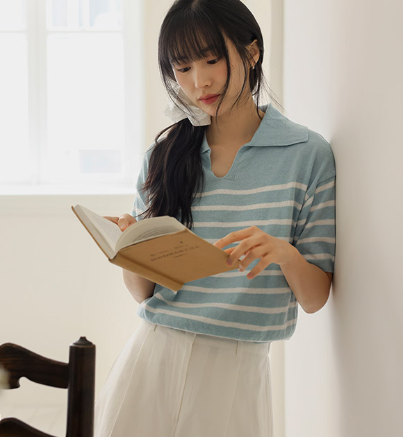 5DA31338NN_Cool Bamboo Open Collar Striped Knitwear