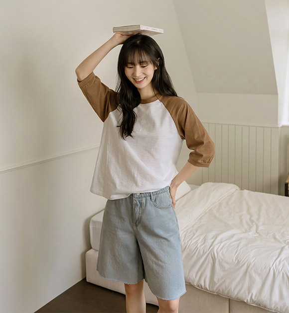 5DA31358HN_1+1 Color-Block Raglan Slub Elbow-sleeve Tee