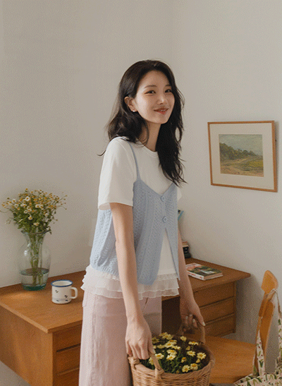 4DA31388NN_Chiffon Frill T-shirt + Knit Bustier Set