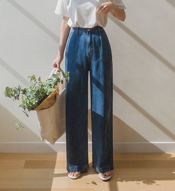 5EJ318LJ_Cool Air Tencel Back Banding Wide Jeans (Short/Long)