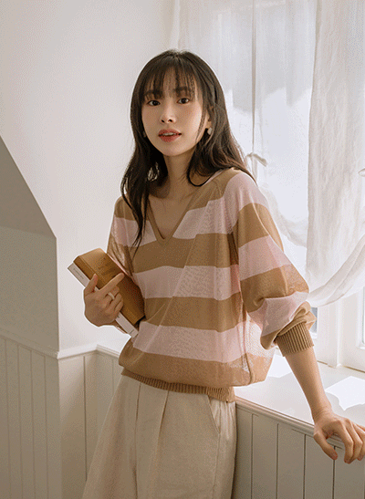 5DA31357JJ_Summer Time Striped V-neck Thin Knitwear