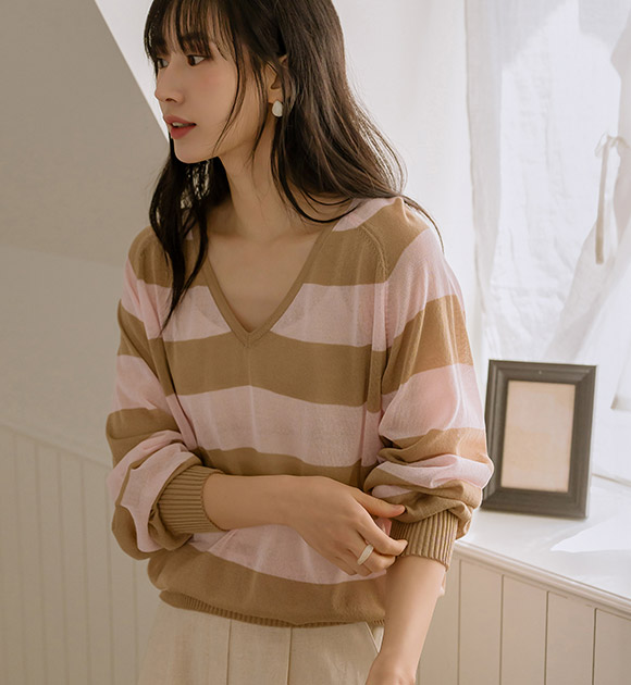 5DA31357JJ_Summer Time Striped V-neck Thin Knitwear