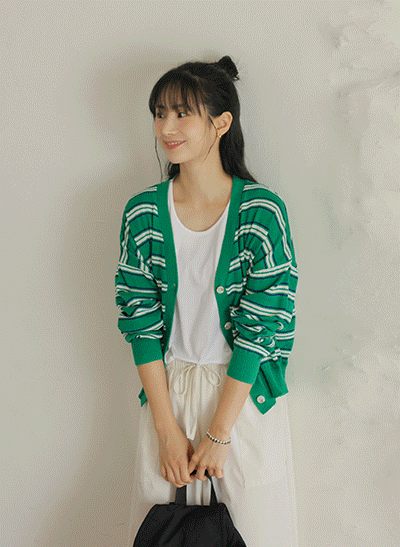 4DA31384HN_4 Color Stripes V-Neck Linen Cardigan