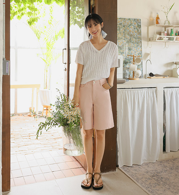 5DA31408NN_[J-BASIC] Neat Banding Wide Above Knee Pants