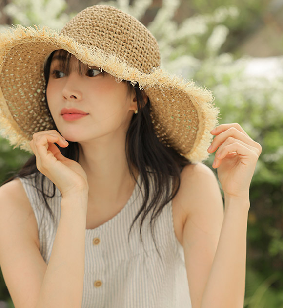5DD00255NN_Resort-style Fringe Edge Raffia Hat