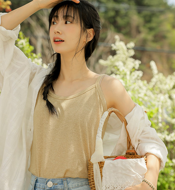 5DA31407JJ_Coro Span Linen Round Neck Strap Tank Top