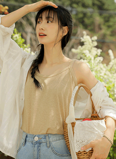 5DA31407JJ_1+1 Coro Span Linen Round Neck Strap Tank Top