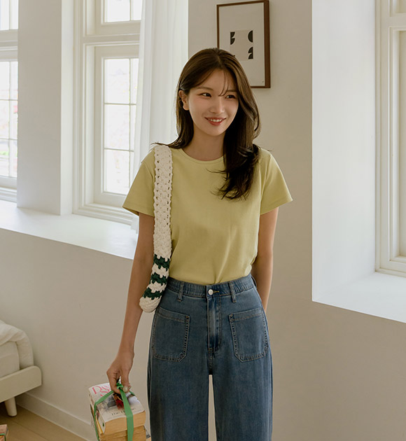 6DA31435NN_Macaron Stretchy Ribbed Short-sleeved T-Shirt
