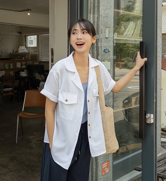 5DA31537NN_Cool Seersucker Striped Pocket Short-sleeved Shirt