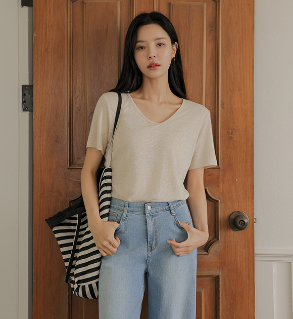 5DA31479HR_[J-BASIC] Linen V-necked Short-sleeved Summer Shirt