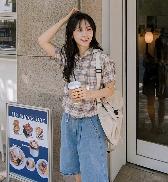 4DA31494HR_Peanut Checkered String Hooded Blouse