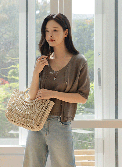 5DA31476HR_Mio Cool Touch V-necked Short-sleeved Cardigan