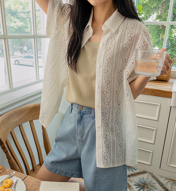 5DA31525JJ_Summer Look 2 Embroidered Lace Short-sleeved Shirt