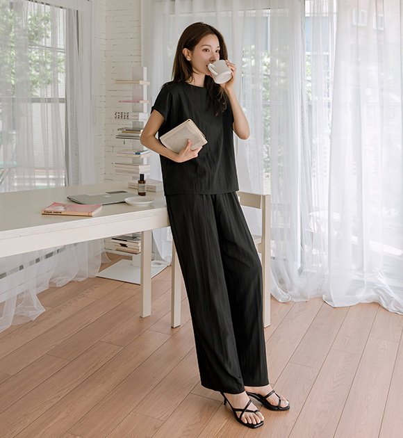 6DA31561HR_Washed Fabric Blouse + Wide Pants Set