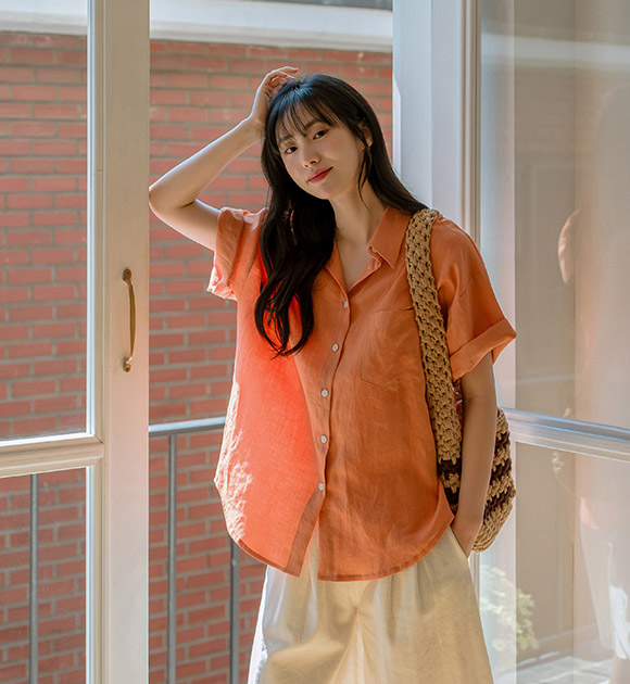 6DA31450JJ_Linen 100% Loose-fit Short-sleeved Shirt