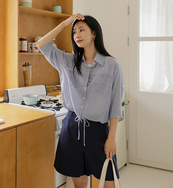8DA30181YY_Windy String 3/4 Sleeve Rolled-up Shirt