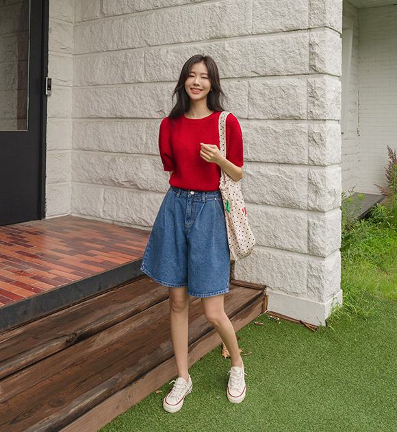 5DA30316NN_EL Back Banding Two-Pleat Denim Shorts