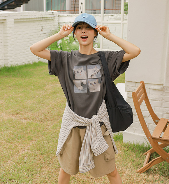 6DA31653HR_Cute Cat Print Short-sleeved T-shirt