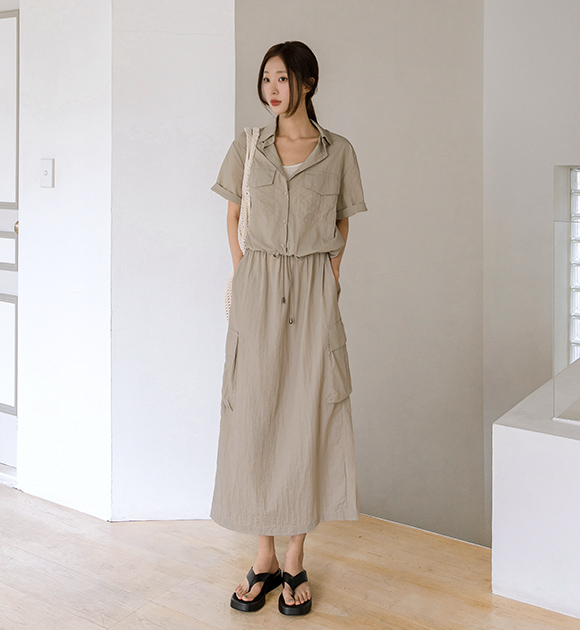 6DA31697HR_Wind Rustling String Shirt+Cargo Skirt Set