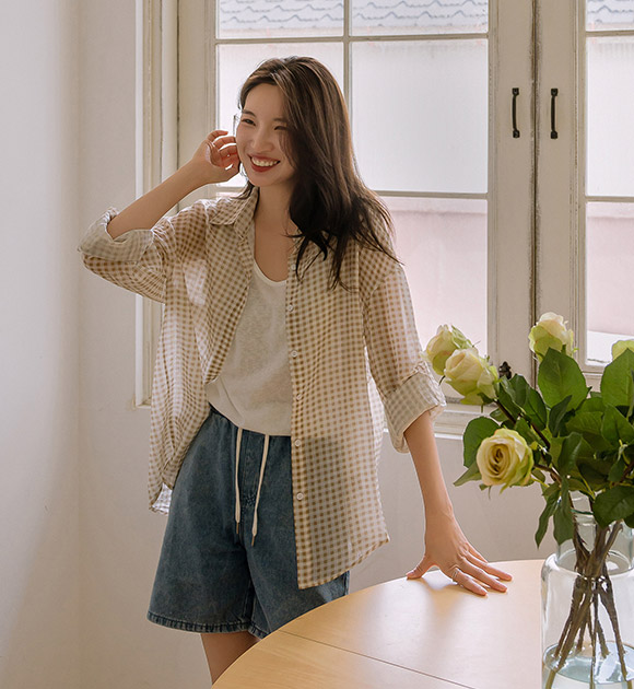 5DA31708JJ_Moist Tencel Checkered Shirt+Tank Top Set