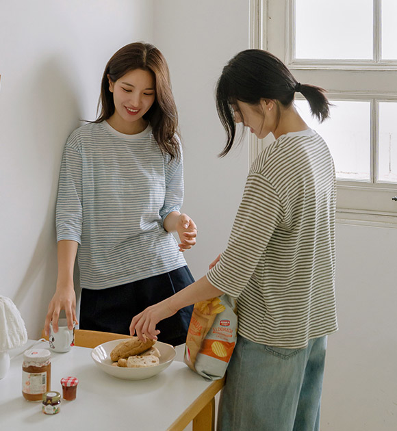 5DA31718HN_Color Stripe 3/4 Sleeve T-Shirt
