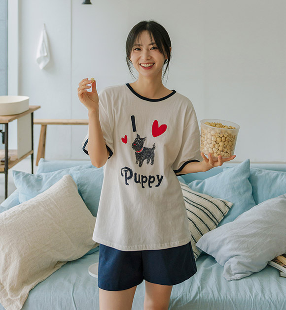 6DA31769JJ_Puppy Loose Fit Color-block Short-sleeved T-shirt