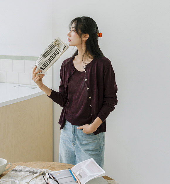 6CS00024HN_[Outfit Set] Washable Solid Round Neck Sleeveless Top+Cardigan