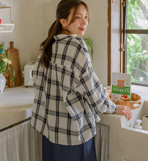 4DA31794JJ_Natural Low Checkered Loose Fit Shirt