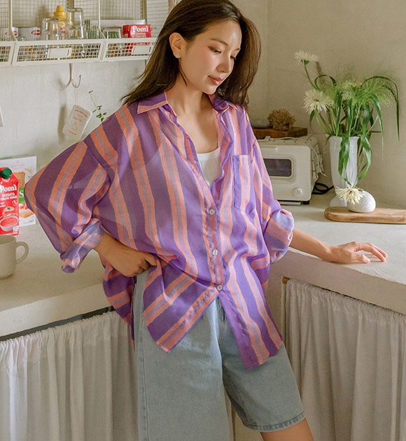 4DA31781JJ_Candy Big Striped Loose Fit Shirt
