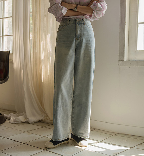 6DA30381NN_Trendy Washed 4 Colors Sturdy Wide Jeans (Short/Long)