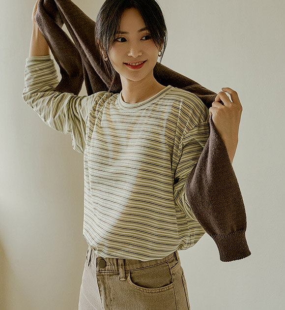5DA31853HR_Two-tone Stripe Long Tee