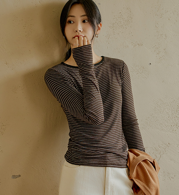 5DA31850HR_Choco Ring Binding Neck Spandex Striped Tee