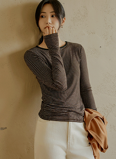 5DA31850HR_Choco Ring Binding Neck Spandex Striped Tee