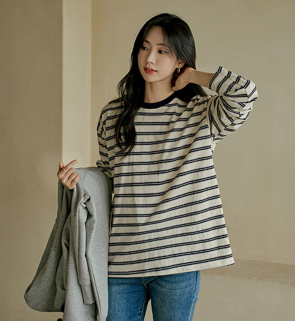 5DA31856JJ_Leon Color-block Striped Washed T-Shirt