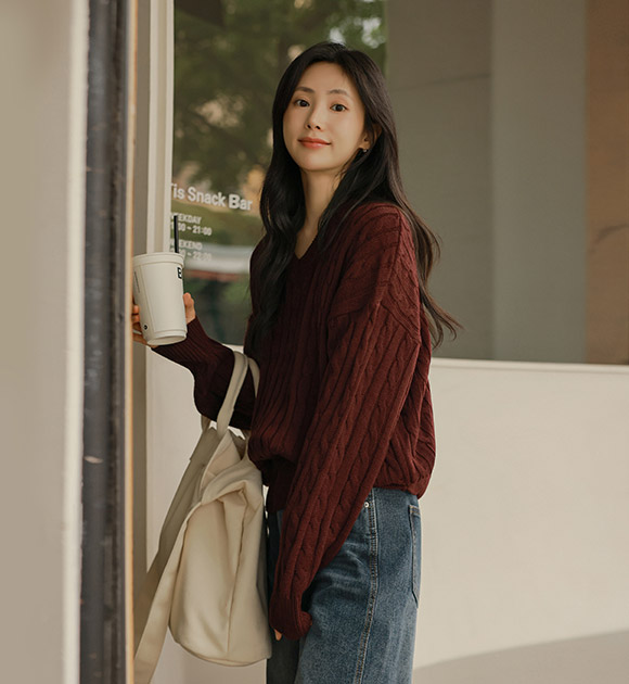 5DA31900HR_Autumn Mood 2 Cable Knit Loose Fit Sweater (Round/V-Neck)